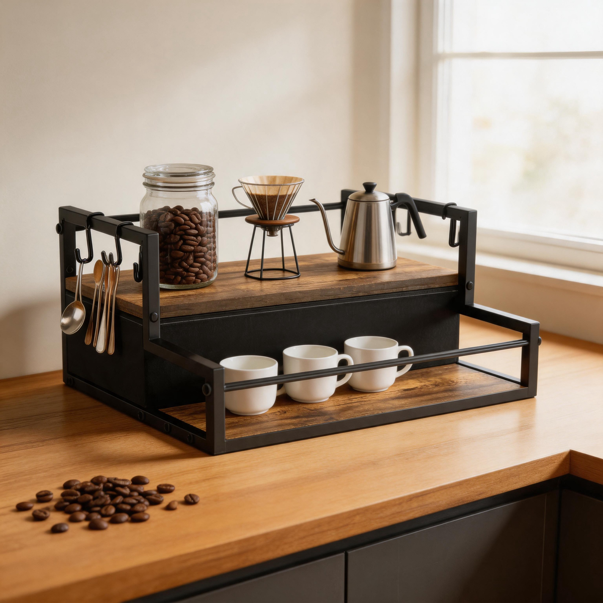 🪵 Coffee Bar Organizer | Metal & Wood | Countertop | Coffee Lovers | Tiered Storage