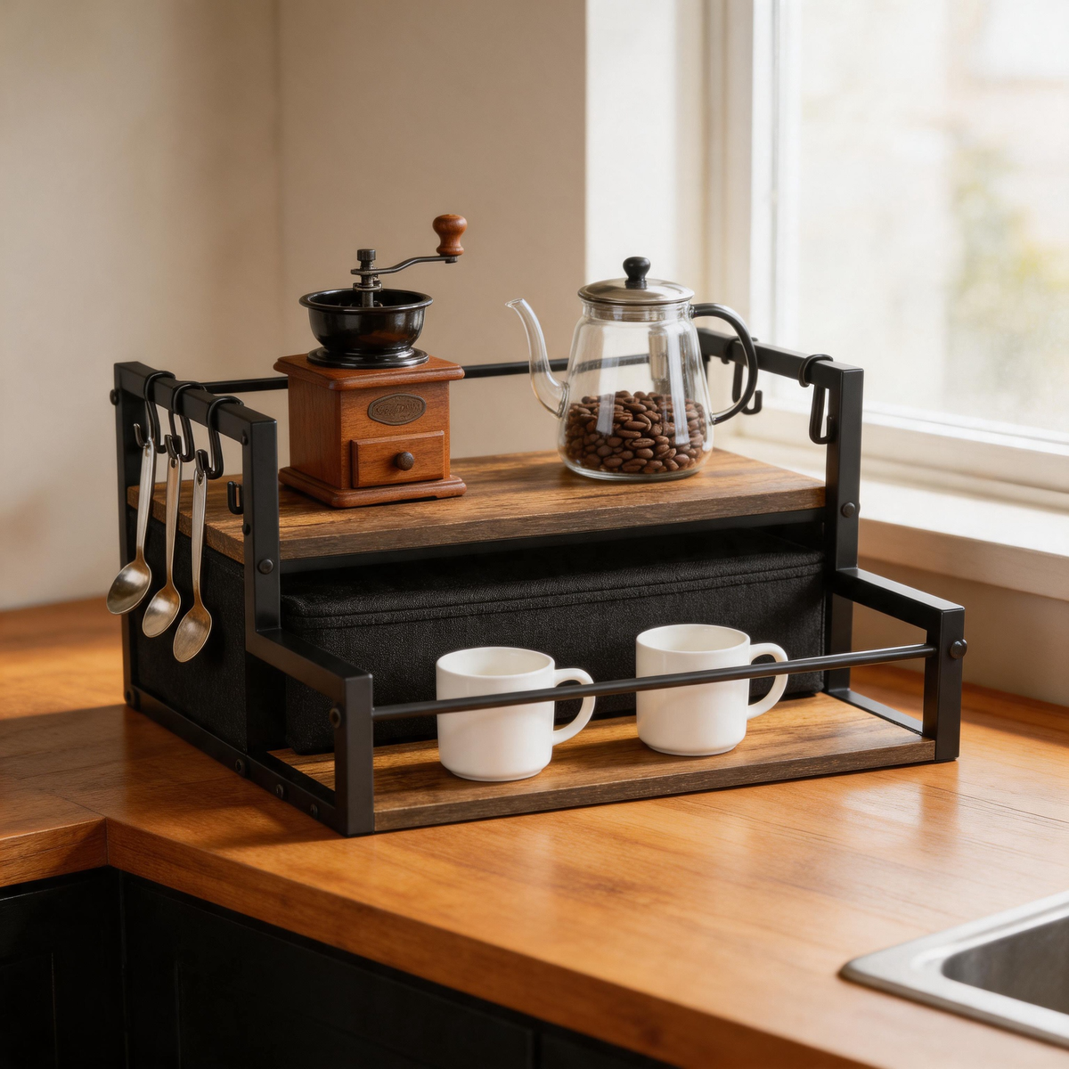 🪵 Coffee Bar Organizer | Metal & Wood | Countertop | Coffee Lovers | Tiered Storage