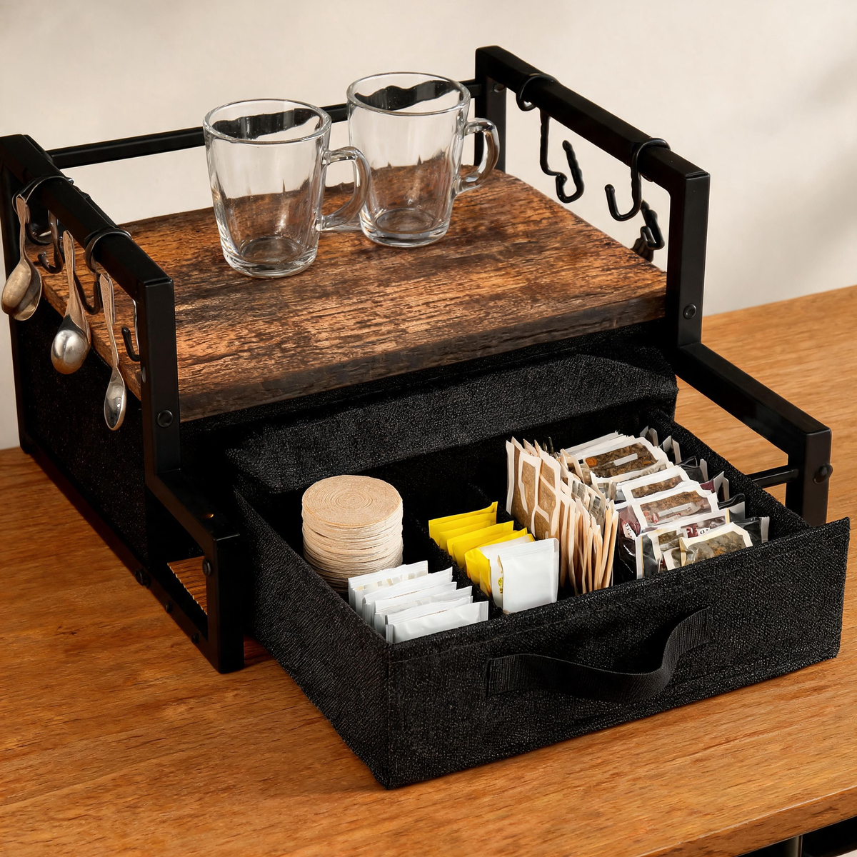 🪵 Coffee Bar Organizer | Metal & Wood | Countertop | Coffee Lovers | Tiered Storage