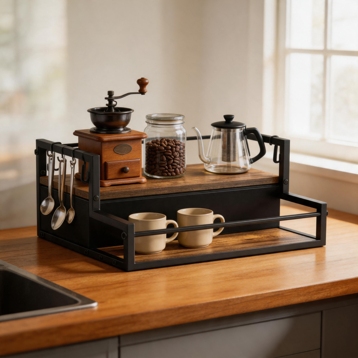 🪵 Coffee Bar Organizer | Metal & Wood | Countertop | Coffee Lovers | Tiered Storage