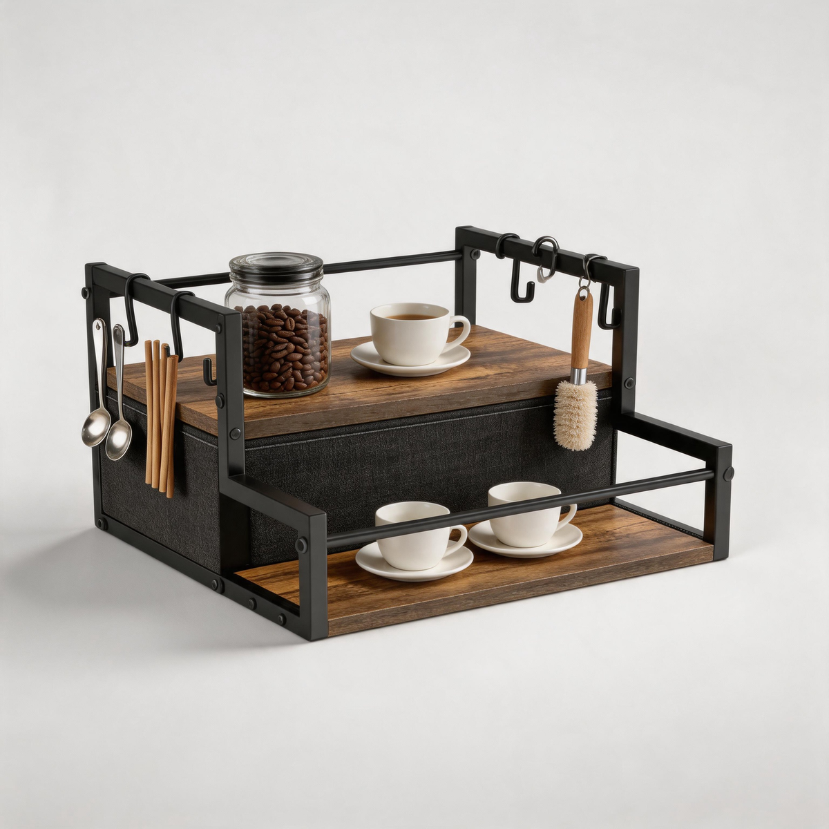 🪵 Coffee Bar Organizer | Metal & Wood | Countertop | Coffee Lovers | Tiered Storage
