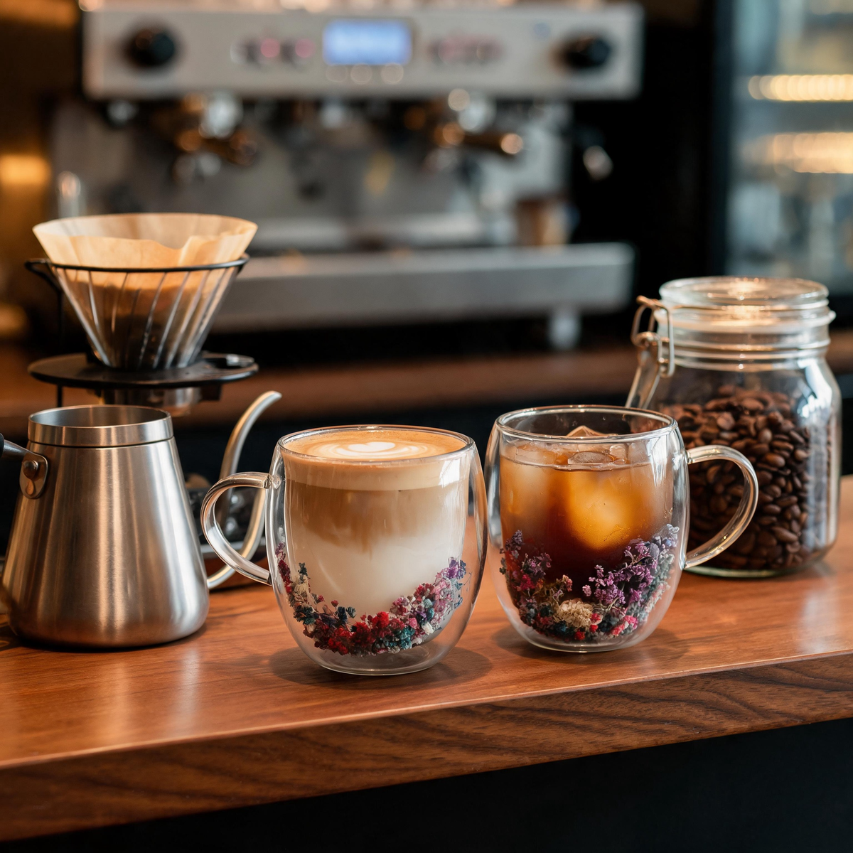 🌸 Coffee Mug Set | Double-Wall Glass | Home Café | Couples | Floral Detail