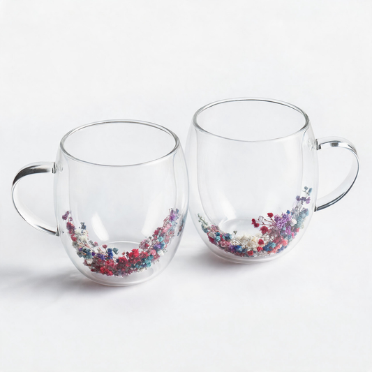 🌸 Coffee Mug Set | Double-Wall Glass | Home Café | Couples | Floral Detail