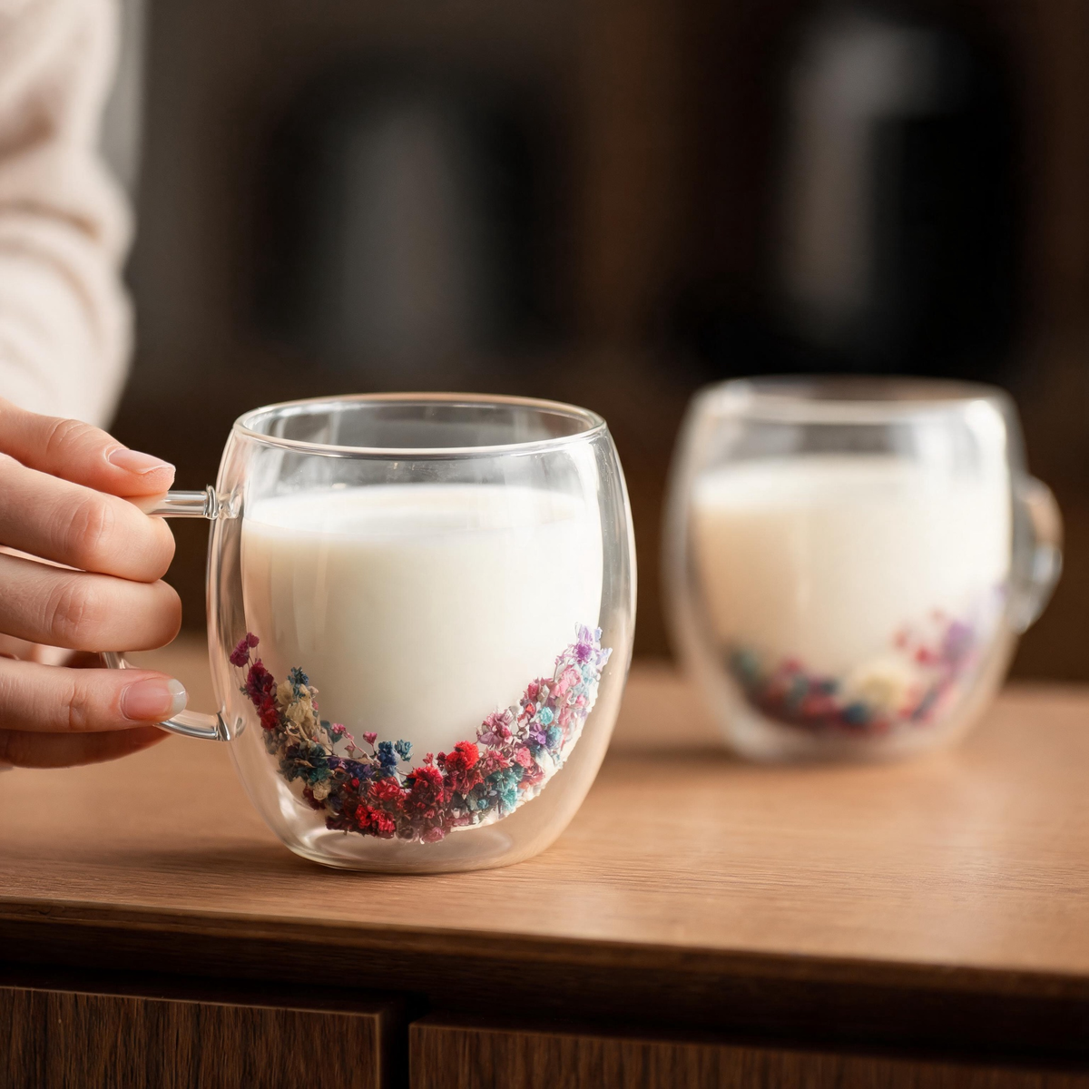 🌸 Coffee Mug Set | Double-Wall Glass | Home Café | Couples | Floral Detail
