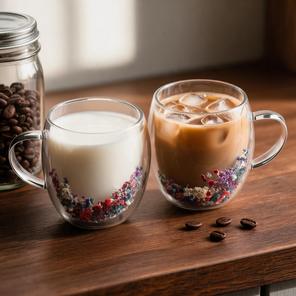 🌸 Coffee Mug Set | Double-Wall Glass | Home Café | Couples | Floral Detail