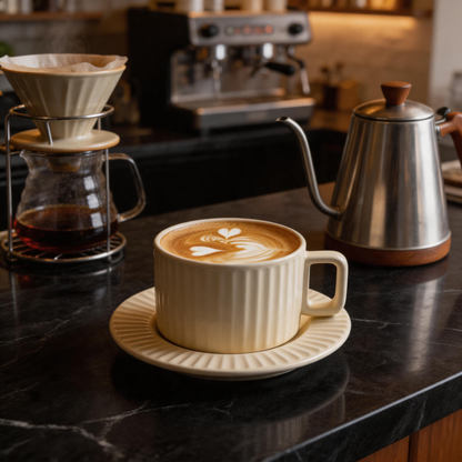 🤍 Coffee Cup Set | Ceramic | Home Café | Coffee Lovers | Ribbed Elegance
