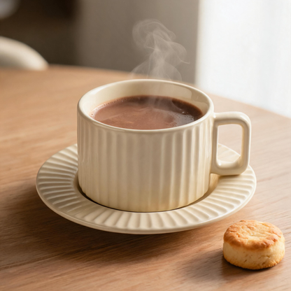 🤍 Coffee Cup Set | Ceramic | Home Café | Coffee Lovers | Ribbed Elegance
