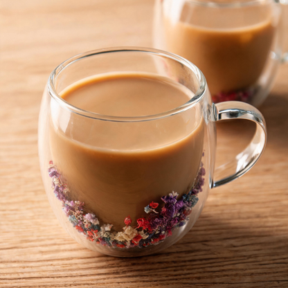🌸 Coffee Mug Set | Double-Wall Glass | Home Café | Couples | Floral Detail