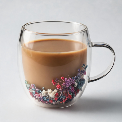 🌸 Coffee Mug Set | Double-Wall Glass | Home Café | Couples | Floral Detail